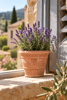Preview: Vasetto decorato con foglie – Kleiner, mit Blättern verzierter Terracottatopf aus Impruneta